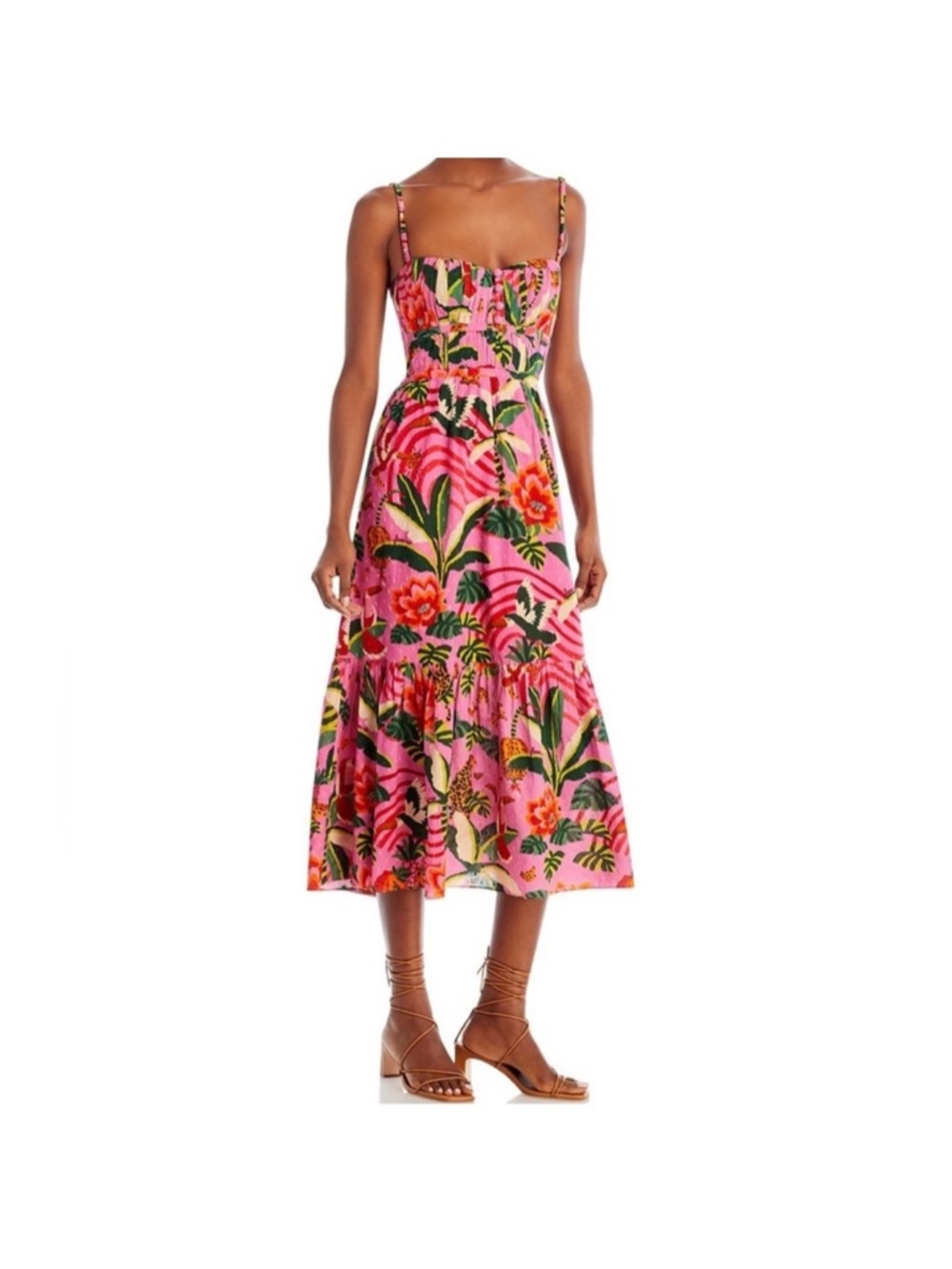 Farm Rio Pink Tropical Floral Midi Dress with Spaghetti Straps - XL
